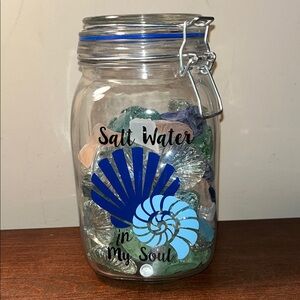 Coastal Glass Jar with Blue and Green Shell Design